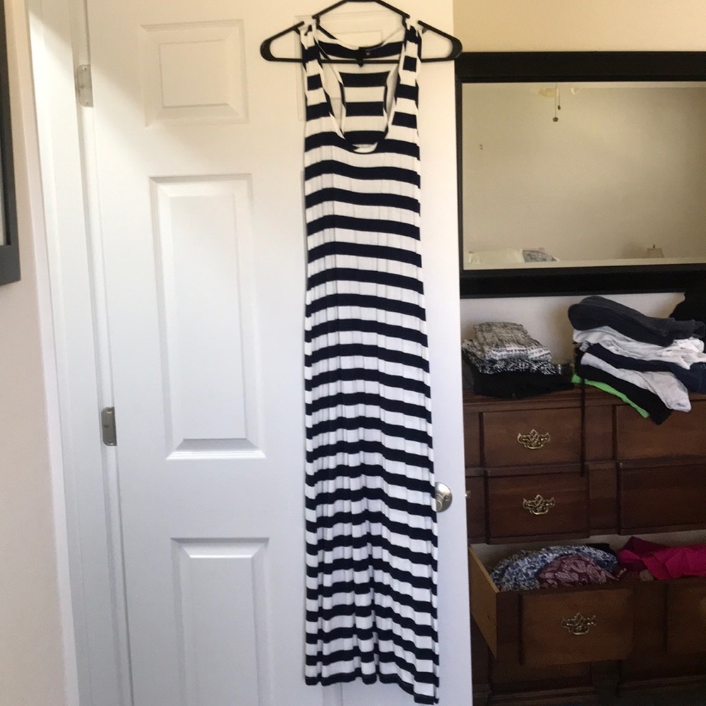 Navy and white striped cotton maxi dress